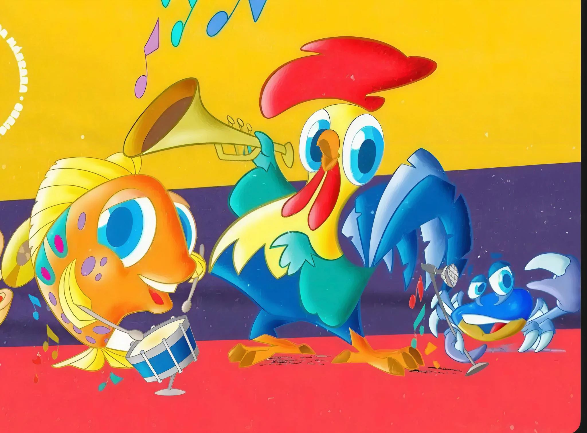 Personagens do Gallo Kids tocando instrumentos em um cenário colorido